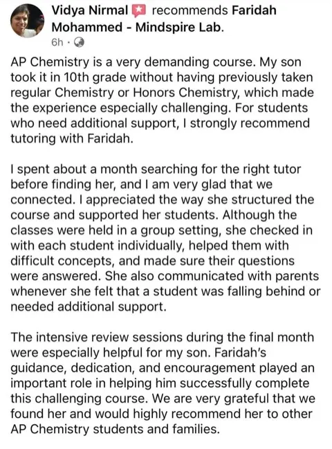 Facebook review from Vidya Nirmal